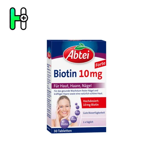 کپسول بیوتین 10 میلی‌گرم آبتی آلمان Abtei Biotin 10mg Forte یک مکمل با دوز بالای بیوتین (10 میلی‌گرم) است که برای حمایت از رشد سالم مو، ناخن‌ها و سلامت پوست طراحی شده است. این محصول جذب بالایی دارد و برای افرادی که دچار ضعف و شکنندگی مو، ناخن‌های ضعیف و پوست خشک هستند، توصیه می‌شود