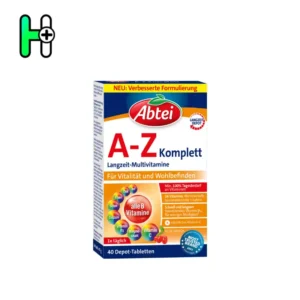 Abtei A-Z Komplett یک مکمل مولتی‌ویتامین کامل با 24 ویتامین، مواد معدنی و عناصر کمیاب است که برای تقویت انرژی، حفظ سلامت عمومی و کاهش خستگی طراحی شده است. این محصول با استفاده از فرمول دیپوت (Depot) و آزادسازی تدریجی ویتامین‌ها، تأثیر طولانی‌مدتی در بدن دارد.