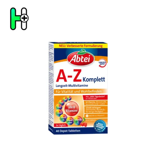 Abtei A-Z Komplett یک مکمل مولتی‌ویتامین کامل با 24 ویتامین، مواد معدنی و عناصر کمیاب است که برای تقویت انرژی، حفظ سلامت عمومی و کاهش خستگی طراحی شده است. این محصول با استفاده از فرمول دیپوت (Depot) و آزادسازی تدریجی ویتامین‌ها، تأثیر طولانی‌مدتی در بدن دارد.