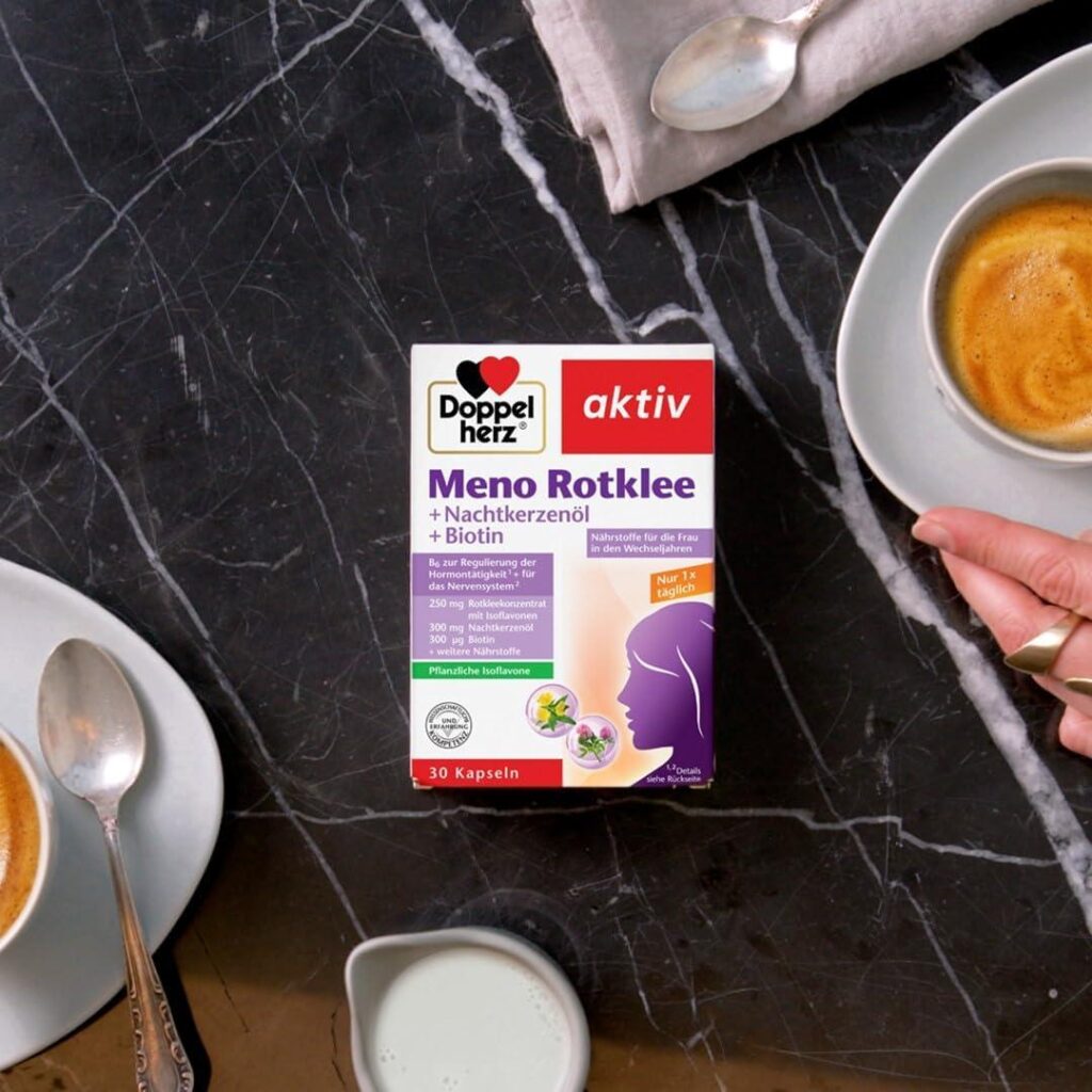 مکمل حمایت دوران یائسگی داپل هرز Doppelherz Meno Rotklee + Nachtkerzenöl + Biotin 2 مکمل دوران یائسگی داپل هرز