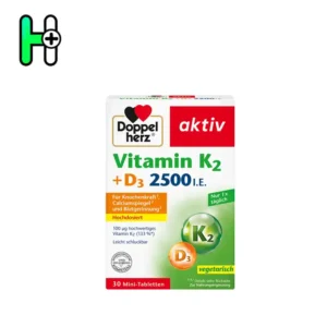 مکمل ویتامین D3 + K2 داپل هرز (Doppelherz Vitamin K2 + D3 2500 I.E.) ترکیبی قدرتمند برای حمایت از سلامت استخوان‌ها، تعادل سطح کلسیم و بهبود عملکرد سیستم قلبی-عروقی است