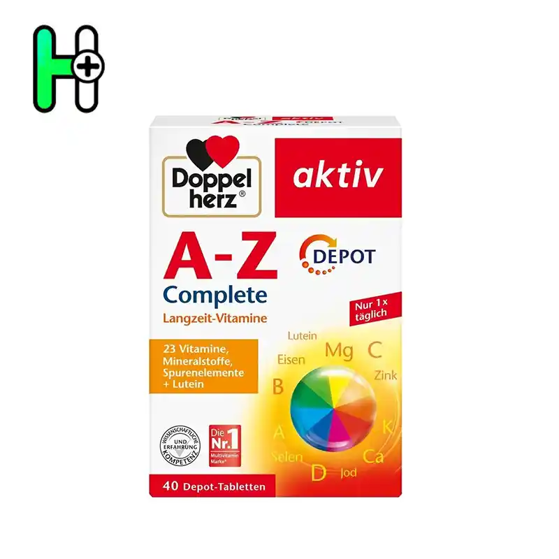 قرص مولتیویتامین a-z داپل هرز المان Doppelherz A-Z DEPOT Complete 1 قرص مولتیویتامین a-z داپل هرز المان A-Z یک مکمل تغذیهای قدرتمند با ۲۳ ریزمغذی ضروری شامل ویتامینها، مواد معدنی، عناصر کمیاب و لوتئین است. این مکمل با تکنولوژی دپوی آهستهرهش، مواد مغذی را بهتدریج در بدن آزاد میکند تا تأثیر طولانیتری داشته باشد و نیازهای روزانه بدن شما را تأمین کند