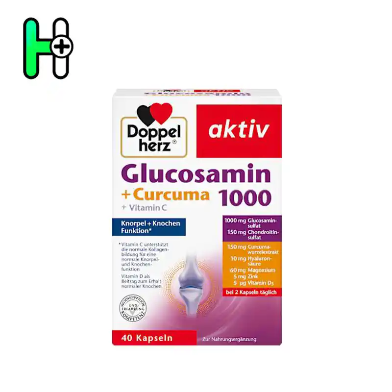 کپسول گلوکزامین1000و عصاره زردچوبه داپل هرز | Doppelherz Glucosamin 1000 + Curcuma + Vitamin C 1 مکمل Doppelherz Glucosamin 1000 + Curcuma + Vitamin C یک ترکیب پیشرفته و کامل جهت حمایت از سلامت مفاصل و استخوانها است.