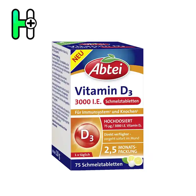 مینی قرص ویتامین3000 D3زیرزبانی آبتی | Abtei Vitamin D3 3000 I.E. Schmelztabletten 1 مکمل Abtei Vitamin D3 3000 I.E. یک محصول قوی و مؤثر برای تقویت سیستم ایمنی، سلامت استخوانها و عضلات است.