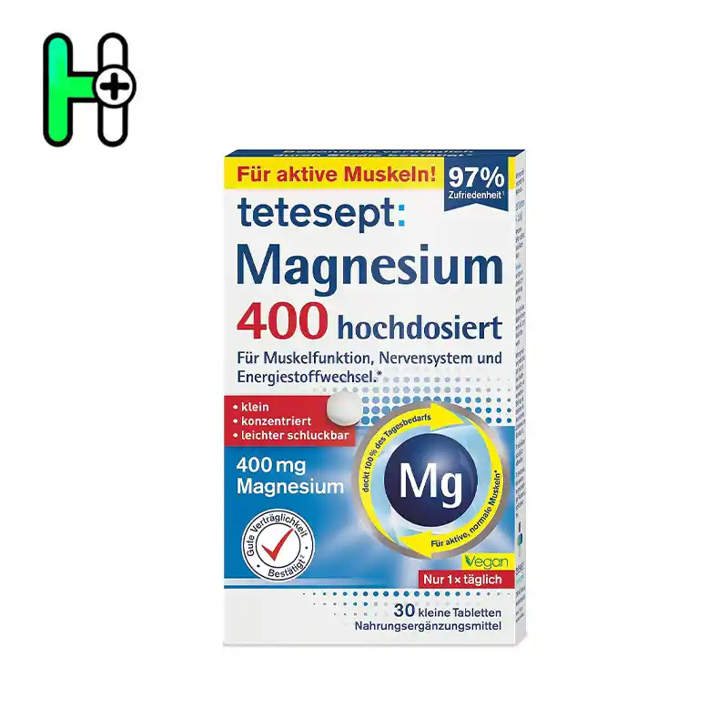 مکمل منیزیم 400 تتسپت | tetesept Magnesium 400 hochdosiert 1 مکمل غذایی Magnesium 400 از برند معتبر tetesept، یک دوز بالای منیزیم برای حمایت از عملکرد طبیعی عضلات، سیستم عصبی و سوختوساز انرژی در بدن است.