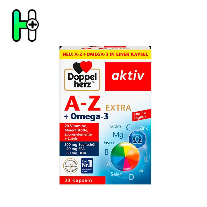 مولتی ویتامینa-z + امگا 3 داپل هرز | Doppelherz aktiv A-Z + Omega-3 EXTRA 1 مولتیویتامین و مینرال با امگا 3Doppelherz aktiv A-Z + Omega-3 EXTRAاین مکمل یک فرمولاسیون کامل و همهجانبه از 20 ویتامین، مواد معدنی، عناصر کمیاب، امگا-3 و لوتئین است.