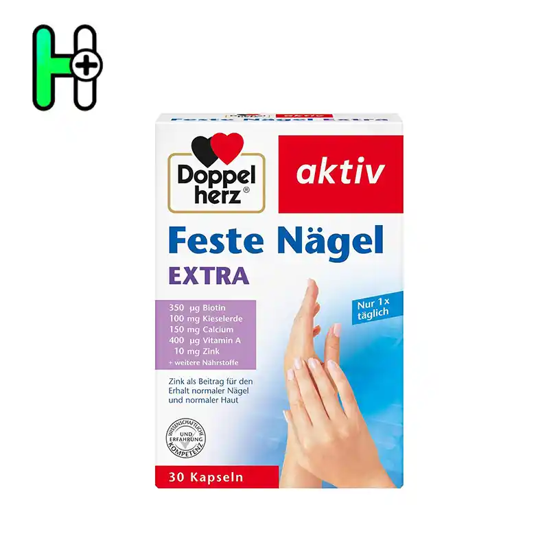 مکمل استحکام ناخن و پوست داپل هرز – Doppelherz aktiv Feste Nägel EXTRA 1 مکمل غذایی Feste Nägel EXTRA از برند معتبر Doppelherz، مخصوص تقویت ناخنهای ضعیف، شکننده و پوست خشک یا آسیبدیده طراحی شده است
