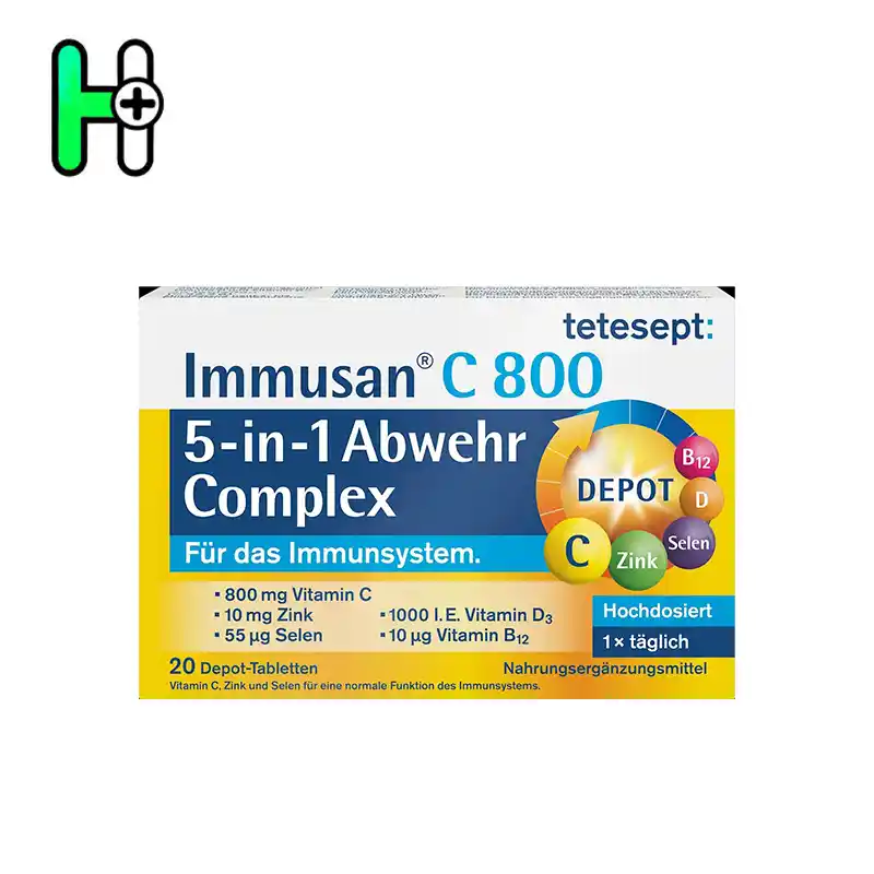 مکمل تقویت سیستم ایمنی 5در1 تتسپت | tetesept Immusan C 800 - 5-in-1 Abwehr Complex 1 Immusan C 800 از برند آلمانی معتبر tetesept یک مکمل پیشرفته برای تقویت سیستم ایمنی بدن است. این ترکیب ویژه 5 در 1، شامل ویتامین C، ویتامین D، ویتامین B12، زینک (روی) و سلنیوم است