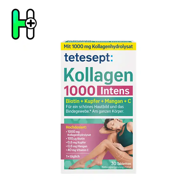 مکمل کلاژن1000اینتنس تتسپت – tetesept Kollagen 1000 Intens 1 کلاژن Kollagen 1000 Intens از برند معتبر Tetesept با دوز بالای کلاژن و ترکیبات ضروری مانند بیوتین، مس، منگنز و ویتامین C طراحی شده است