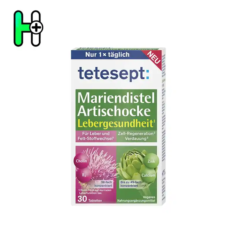 مکمل سلامت کبد (خار مریم و کنگر فرنگی) تتسپت | Tetesept Mariendistel + Artischocke 1 مکمل گیاهی tetesept Mariendistel + Artischocke Lebergesundheit ترکیبی ویژه از خار مریم و آرتیشو (کنگر فرنگی) با ویتامینها و مواد معدنی مانند کولین، B2، زینک و کلسیم برای پشتیبانی از عملکرد طبیعی کبد، متابولیسم چربی و فرآیند گوارش طراحی شده است.