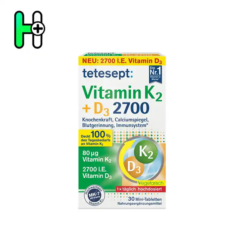 مکمل ویتامینهای حیاتی استخوانها، سیستم ایمنی و گردش خون تتسپت | Tetesept Vitamin K2 + D3 1 مکمل Tetesept Vitamin K2 + D3 2700 ترکیبی قدرتمند از ویتامینهای حیاتی برای سلامت استخوانها، سیستم ایمنی و گردش خون است.