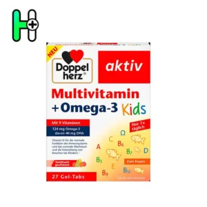 Doppelherz Multivitamin + Omega-3 Kids یک مکمل خوش‌طعم با طعم توت‌فرنگی/توتی‌فروتی است که به طور خاص برای کودکان طراحی شده تا از رشد سالم، عملکرد سیستم ایمنی و رشد مغزی پشتیبانی کند