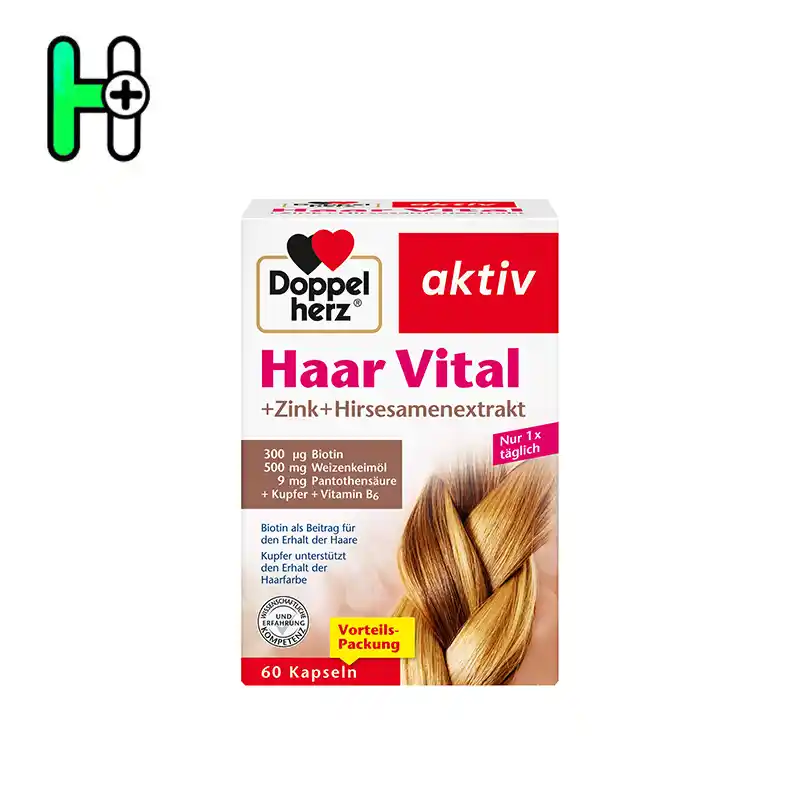 مکمل تقویت رشد مو و حفظ رنگ طبیعی مو داپل هرز Doppelherz aktiv Haar Vital + Zink + Hirsesamenextrakt 1 کپسولهای Haar Vital از برند معتبر آلمانی Doppelherz یک ترکیب قدرتمند برای تقویت موها، پیشگیری از ریزش و حفظ سلامت پوست سر هستند. این محصول با داشتن عصاره دانه ارزن (Hirse)، زینک، بیوتین و ویتامینهای گروه B، مواد مغذی لازم برای موهای سالم و قوی را فراهم میسازد.