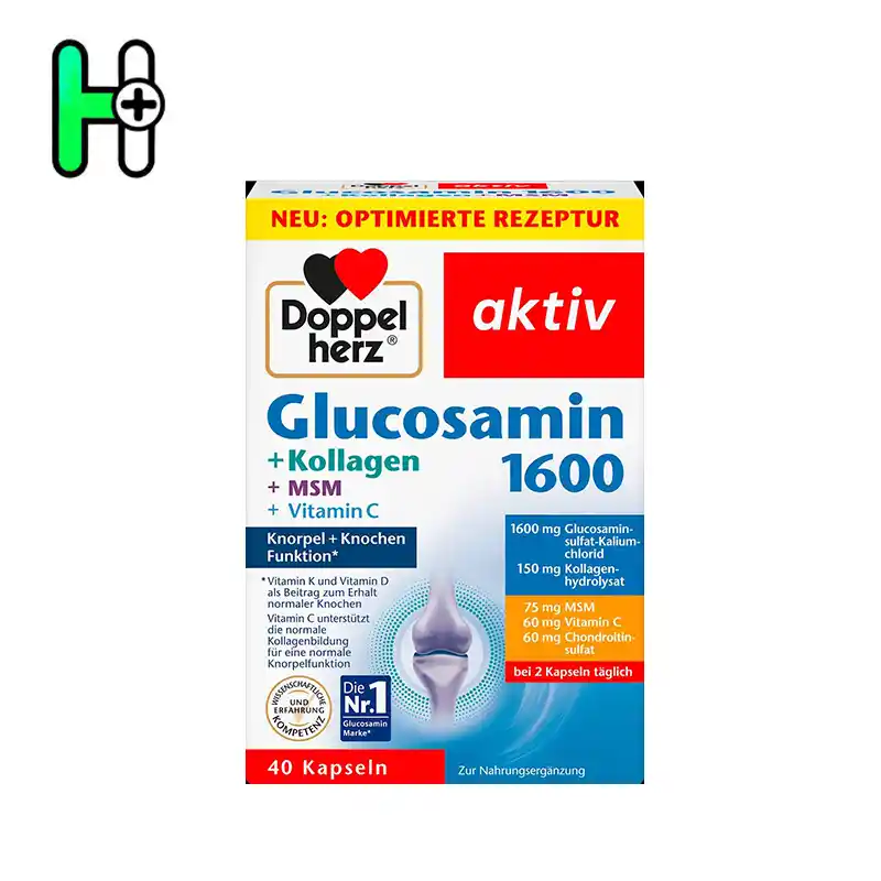 گلوکزامین 1600 داپل هرز Doppelherz Glucosamin 1600 1 Doppelherz Glucosamin 1600 یک مکمل تخصصی برای سلامت مفاصل و استخوانها است. این محصول با ترکیبی غنی از گلوکزامین، کلاژن، MSM، کندرویتین و ویتامینها طراحی شده تا از ساختار مفاصل، انعطافپذیری، کاهش درد و حفظ عملکرد طبیعی غضروفها پشتیبانی کند.