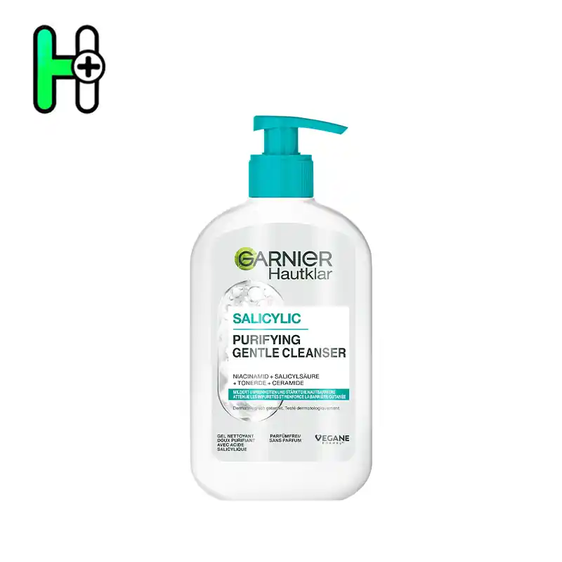 ژل شستوشوی صورت سالیسیلیک اسید گارنیرGarnier Hautklar Purifying Gentle Cleanser 1 ژل شستوشوی صورت سالیسیلیک اسید گارنیه مدل Hautklar Purifying Gentle Cleanser یک شویندهی ملایم و مؤثر برای پوستهای چرب، مختلط و مستعد آکنه است. این محصول با ترکیب قدرتمند نیاسینامید، سالیسیلیک اسید، خاک رس سفید و سرامید، پوست را از آلودگیها و چربی اضافه پاکسازی کرده و در عین حال لایه محافظ پوست (skin barrier) را تقویت میکند