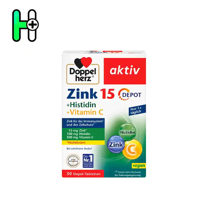 قرص زینک15 + هیستیدین + ویتامین C داپل هرز Doppelherz Zink 15 Depot 1 قرص زینک15 + هیستیدین + ویتامین C داپل هرز Doppelherz Zink 15 Depot
